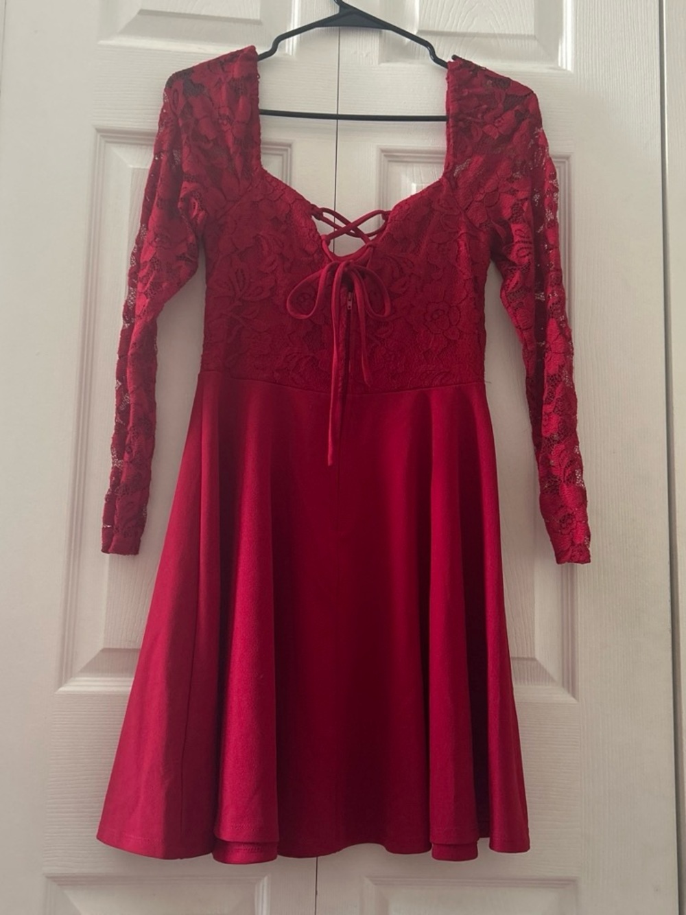 Red Lace Bodice Long Sleeve Fit-and-Flare Dress